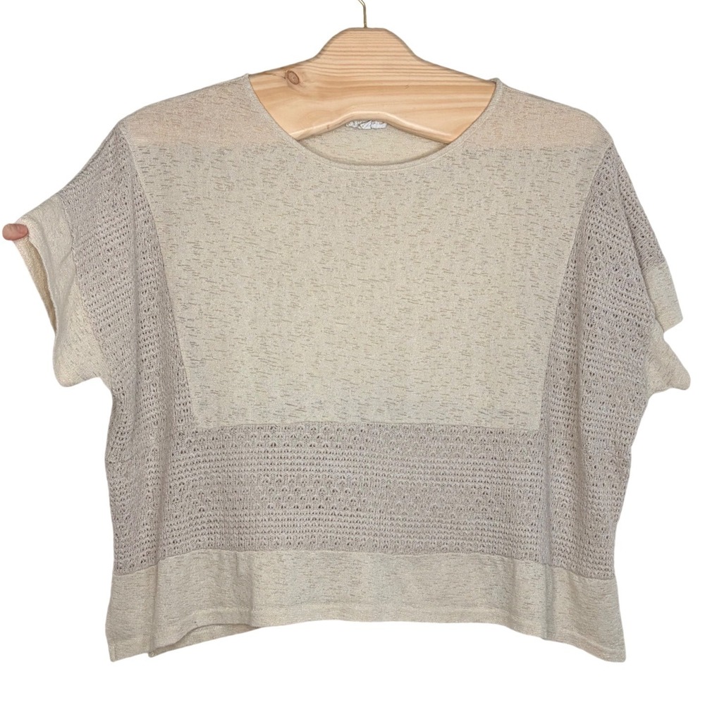 Weekend Suzanne Betro Knit Top 3X Beige Mixed Texture Boxy Short Sleeve U3502080